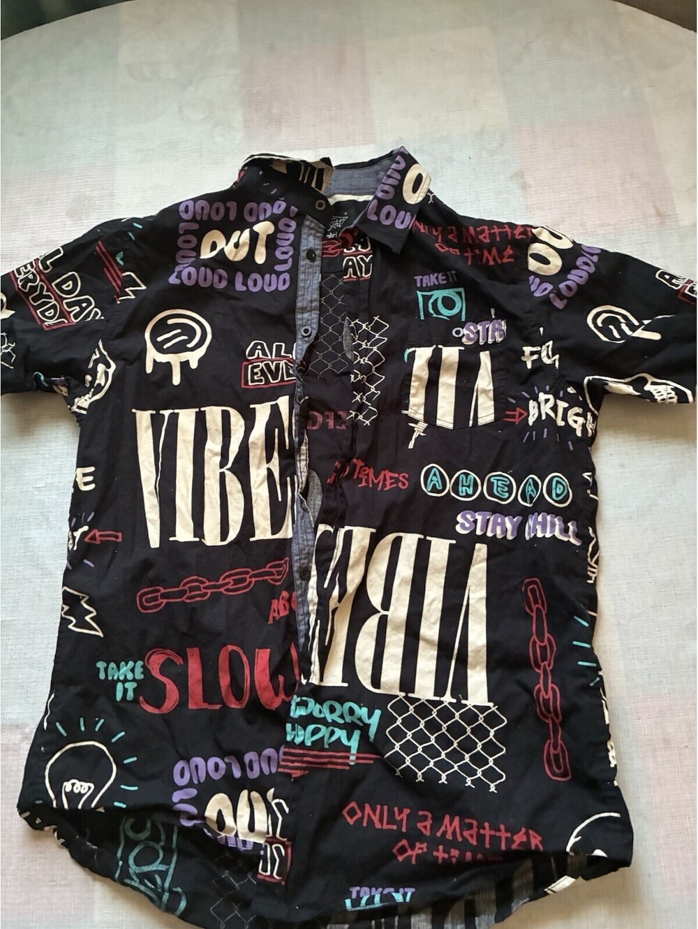 Eighty Eight Mens L Vibes Graphic Button Up Shirt Y2K Streetwear Black -0003